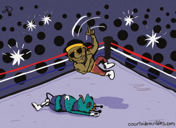 lebron cartoons charlotte hornets comics wrestling ring elbow drop on hugo the hornet mascot