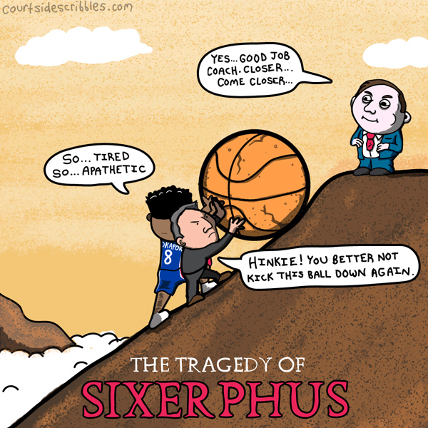 sixers cartoons sam hinkie on top of mountain kicking giant basketball down like sisyphus on brett brown nba comics