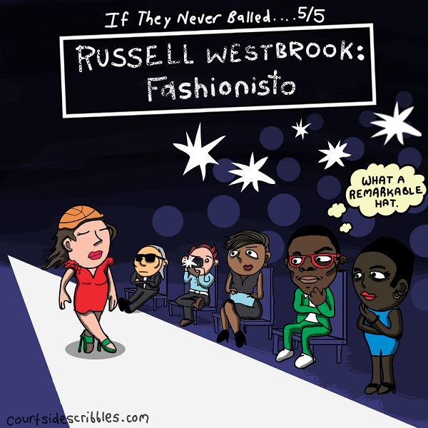 russell westbrook cartoons nba comics at fashion show in green suit and red glasses model is wearing a deflated basketball on her head what a lovely hat