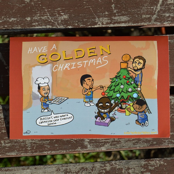 warriors christmas card steph curry comics klay draymond bogut put nba title tree topper on christmas tree have a golden christmas